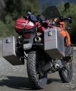 Motorcycle panniers and duffel bag on a KTM